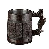 Handmade Oak Wooden Beer Mug By WoodenGifts - 0.6 Litres Or 20oz Capacity Eco Friendly Drinking Mug - Rustic Barrel Design - Stainless Steel Cup - The Perfect Gift - Dark Brown