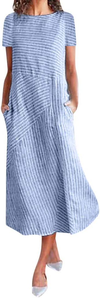 2019 New Women's Casual Striped Short Sleeve Dress, Summer Crew Neck Linen with Pocket Beach Long Dress
