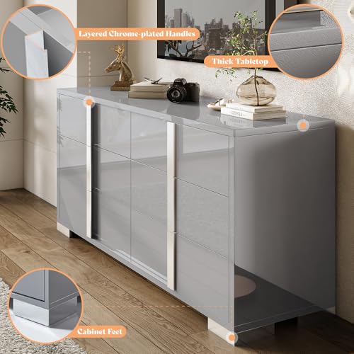 Jocisland 54" W High Gloss 6 Drawers Dressers with Silver Grooved Handles, Modern Storage Chest of Drawers with Wide Tabletop, for Bedroom/Dressing Room/Living Room, Grey