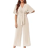 GAMISOTE Womens Wide Leg Jumpsuits Short Sleeve Tie Knot Front Summer Long Romper
