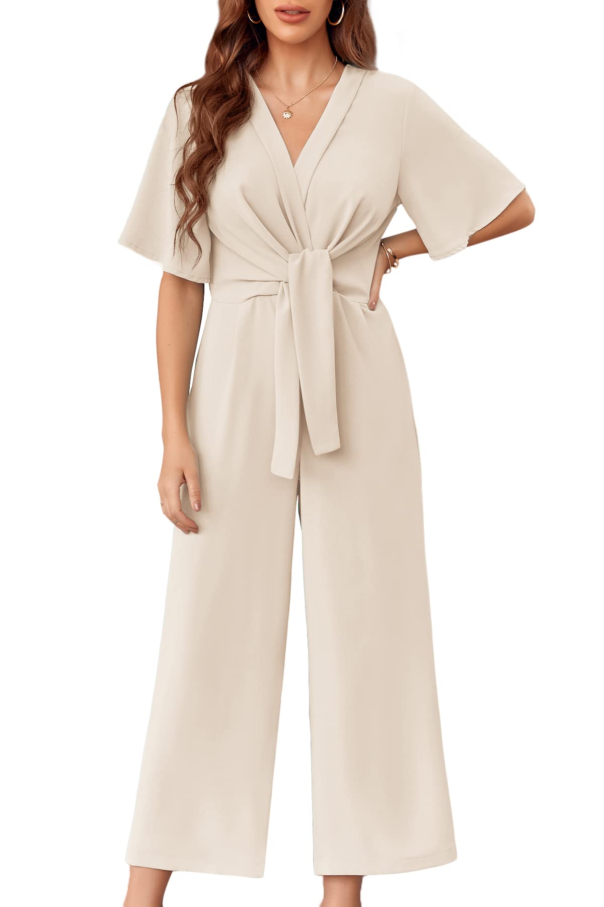 Photo 1 of GAMISOTE Womens Wide Leg Jumpsuits Short Sleeve Tie Knot Front Summer Long Romper Beige