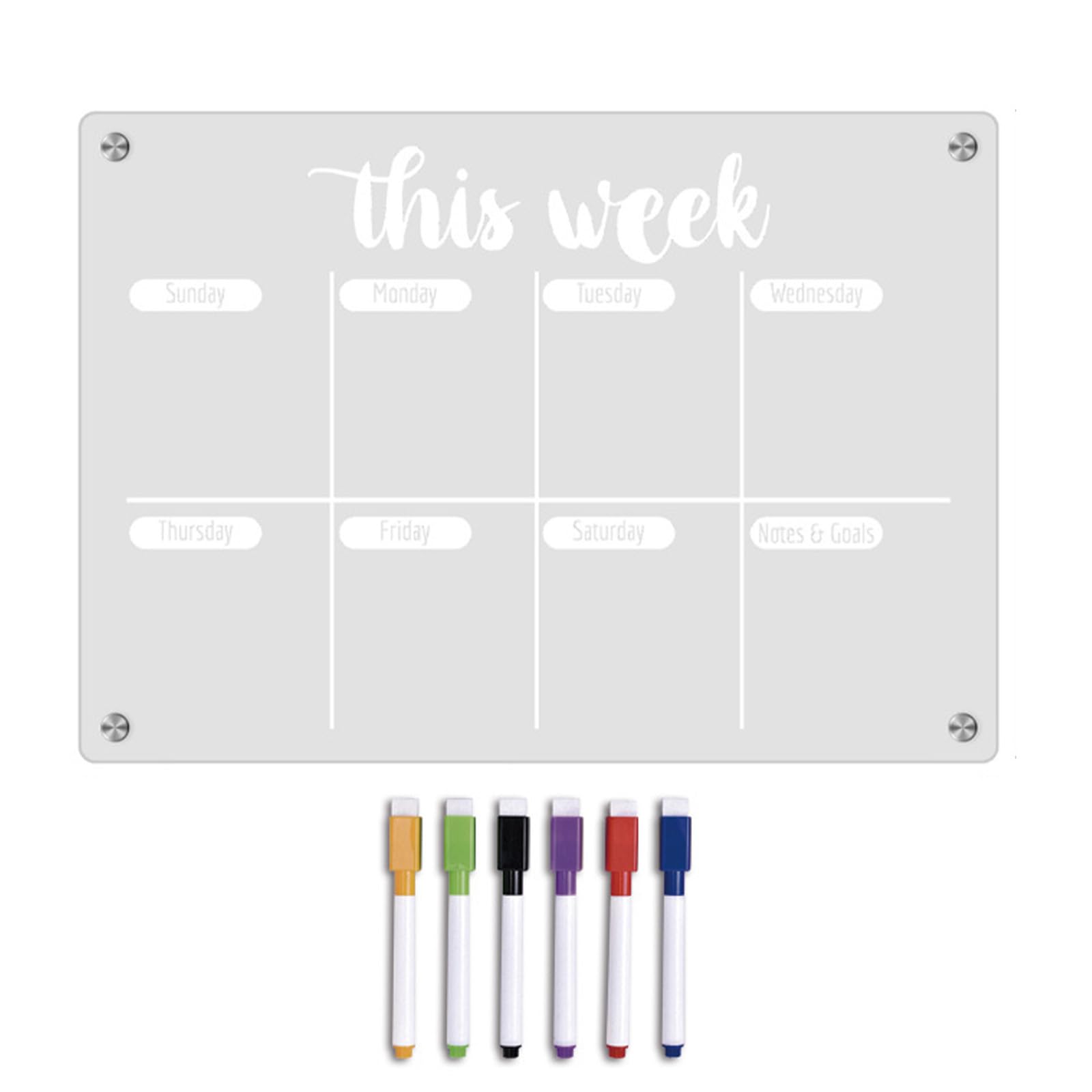 Satiskid Magnetic Weekly Planner, Magnetic Acrylic Calendar for Fridge, Weekly Meal Planner and Grocery List, Clear Calendar Planner Dry Erase Board Set for Refrigerator/Glass/Kitchen/Office (White)
