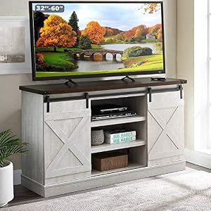 Hooseng Farmhouse Entertainment Center with Adjustable Shelves Sliding Barn Door Stands TVs Up to 60″ Storage Cabinet Table for Living Room, 54″ L x 15″ W x 30″ H, Sargent Oak