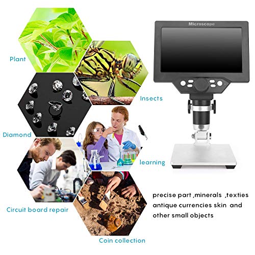 LCD Digital Microscope 7 in HD Screen 1200X Magnification Zoom Camera Video Recorder Angle Adjustable Microscope, 8 LED Lights, Built-in 3000 mAh Battery Rechargeable (7 inches with 16G SD Card)