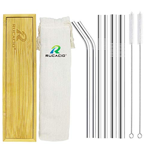 Stainless Steel Straws,RUCACIO Smoothie and Cocktail Straws Portable and Reusable,Gift Wrap Available,6 Metal Drinking Straws 8.5inches with 2 Brushes,Set of Gift for Friend (6 stainless steel straws)