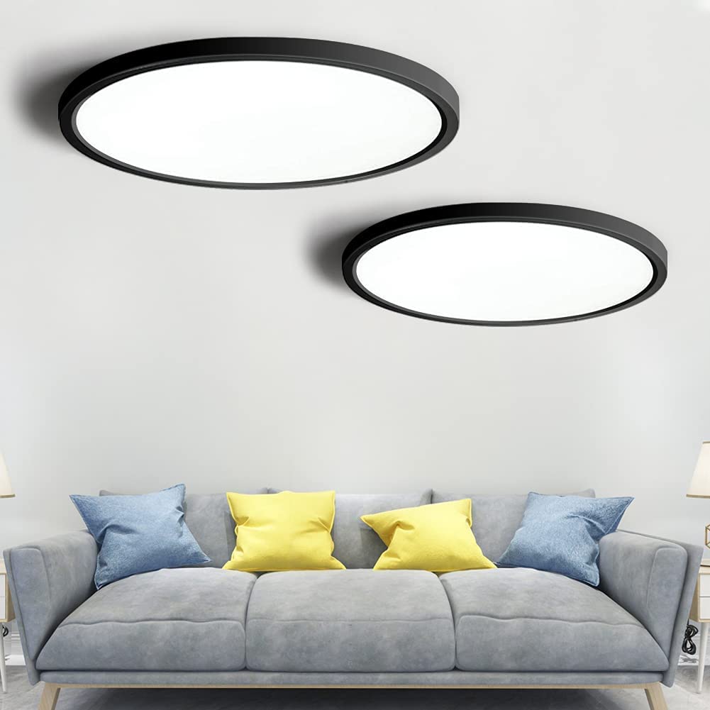 2-Pack LED Flush Mount Ceiling Light, 5000K Daylight White Bathroom Light, 3200LM, Flat Modern Round Lighting, 12in/30cm 240W Equivalent Black Ceiling Lamp for Kitchens, Bedrooms, Hallway.etc