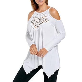 Overdose Mode Sommer Damen Casual Tops Oberteile Weste Frauen Spitze Schulterfrei Langarm lose Bluse Shirts Tees T Shirt