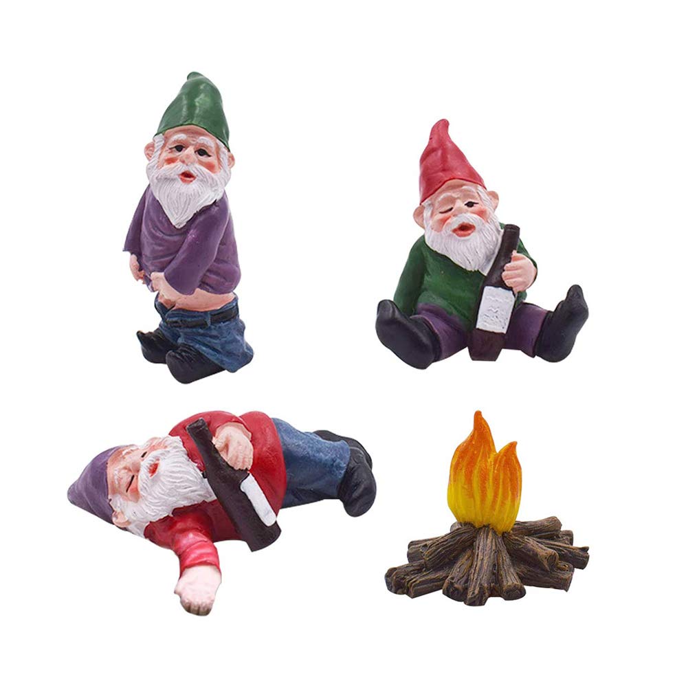 REOVE 4pcs Gnomes Statue Miniature Garden Decoration Ornament Fairy Garden Accessories Collectible Outdoor Micro Landscape Decoration Set Gnome-Drunk Gnome Kit for Gift House Yard Lawn Patio
