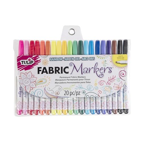 Tulip Permanent Nontoxic Fabric Markers Rainbow 20 Pack - Fine Tip, Minimal Bleed & Fast Drying - Premium Quality for T-shirts, Clothes, Shoes, Bags & Other Fabric Materials