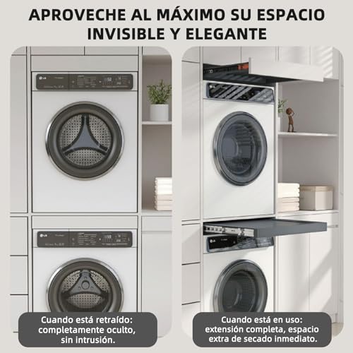 Hoconnie Hidden Washing Machine Clothes Airer Removable Clothes Airer Space Saving Soft Close Depth 540mm Width 610-660mm White