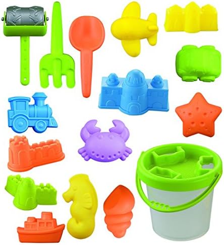 Shinehalo 16 Pieces Beach Sand Toys Set Sand Molds, Bucket, Shovels, Rakes, Vehicles, Sea Creatures, Castle Molds, Summer Camping Sea Beach Patio Play Toys Tool Set for Kids, Random Color