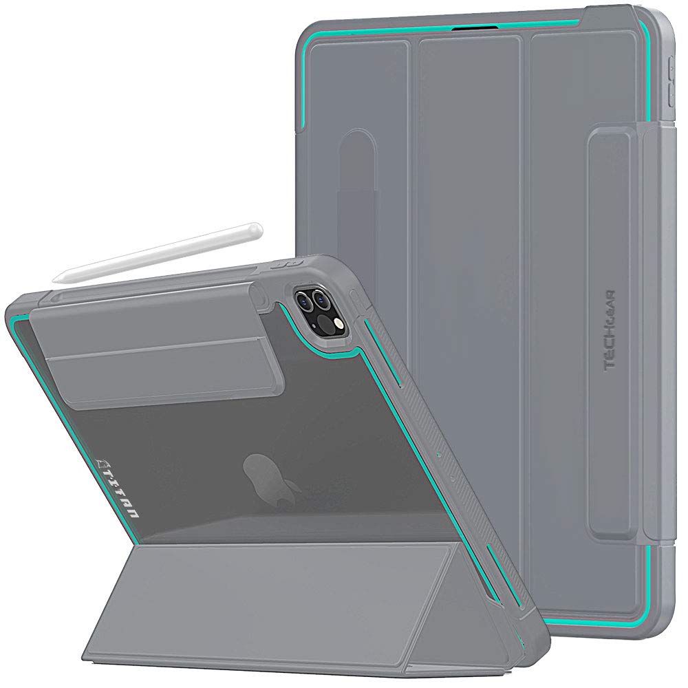 TECHGEAR Titan Case Designed For iPad Pro 12.9 2020/2018 (3rd / 4th Generation) Slim Shockproof Tough Rugged Protective Armour Smart Case + Stand, Kids Schools Builders Workman Case [Aqua]