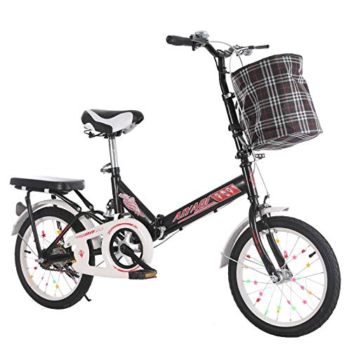 Portable Folding Men and Women Shopping City Bikes Sports and Leisure Commuter Vehicles Adjustable Handles and Seats Aluminum Frame Single Speed 16 inches-Black + Shock Absorption_20 inches