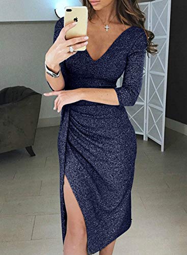 HUUSA Sexy Prom Cocktail Sequin Dresses Party for Womens Formal V Neck Wedding Evening Gowns Metallic Elegant Dress Small Dark Blue
