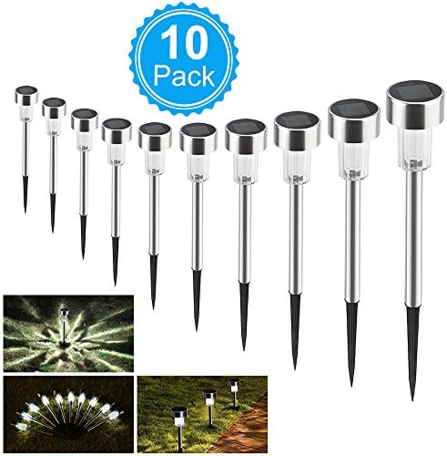 Solar Lights Outdoor, 10Pack Solar LED Pathway Lights Waterproof Stainless Steel Solar Garden Lights for Lawn/Yard/Walkway/Patio (White)