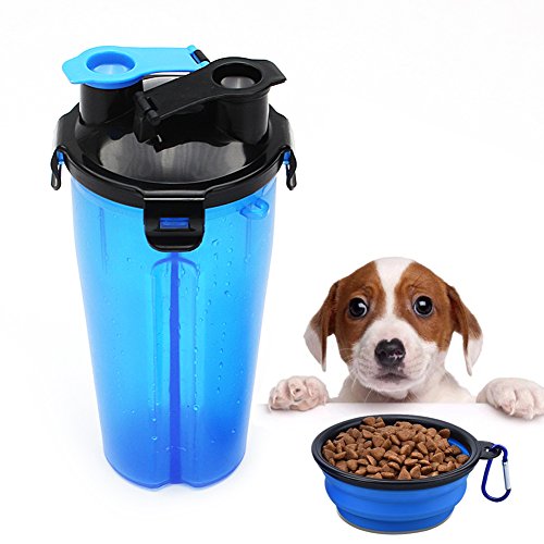 HLovebuy Pet Water and Food Bottle 2 in 1 Water Container Portable Dog Travel Outdoor Food Bottle with Bowl for 250g Food and 350ml Water