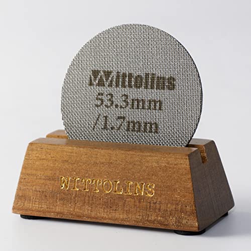 53.3mm Puck Screen with Stand, 316L Stainless Steel Espresso Filter Screen 1.7 mm Thickness Mesh Filter with Wood Stand, Espresso Puck Screen with Edge Closure Design