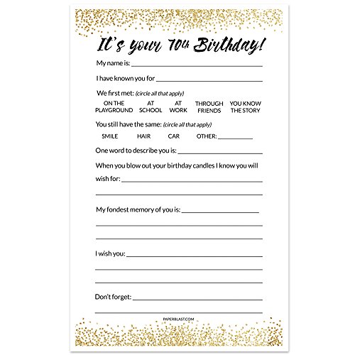 70th Birthday Party Game Wishes Cards - Black and Gold - Set of 30