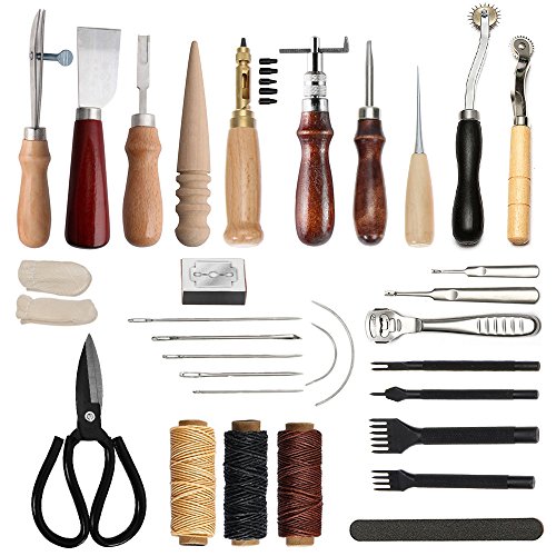 Leather Stitching Tools SIMPZIA 30 Pieces Leather Craft Hand Sewing Tools Kit with Prong Punch Edger Creaser Groover Awl for Sewing Leather, Canvas, DIY Leathercraft Projects,Be Careful of Its sharp e