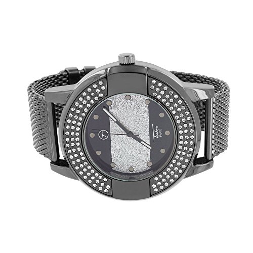 Mens-White-CZ-Watch-Black-PVD-Coating-Mesh-Band-Stylish-Celeb-Watch-Jojino