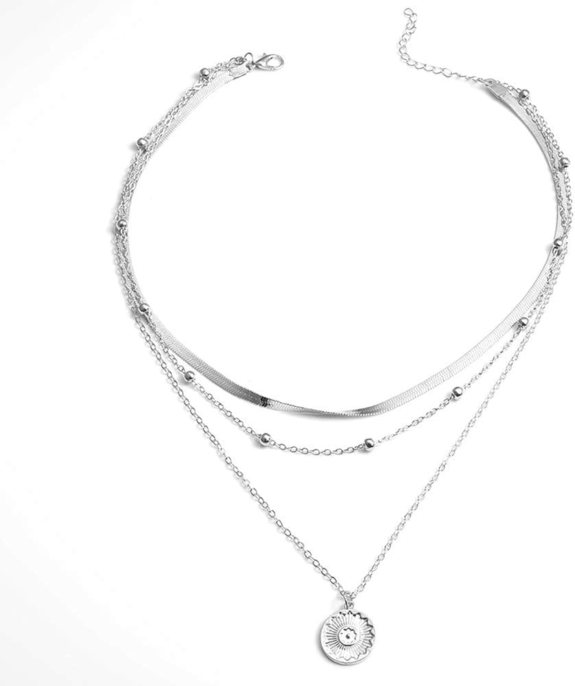 Ceqiny Multi-layer Choker Necklace Bead Round Coin Necklace Pendant Adjustable Chain Necklace Long Chain Tassels 3-Layer Charm Pendant Choker Friendship Necklace Gift for Women Girls, Silver: Clothing