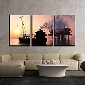 3 Piece Canvas Wall Art - Silhouette Tanker and Plant for The Extraction of Oil. - Modern Home Art Stretched and Framed Ready to Hang - 16"x24"x3 Panels