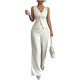 SOLY HUX Women's 2 Piece Business Casual Outfits Button Up V Neck Suit Vest and Pants Set