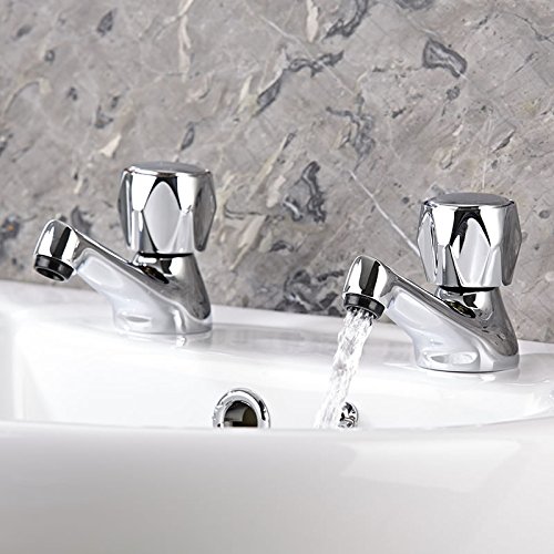 VeeBath Essentials Round Dome Twin Hot and Cold Sink Basin Taps Brass Faucet Pair with Ceramic Disc Technology - Chrome