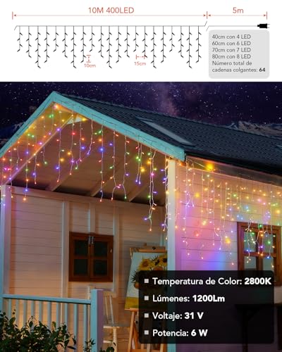 Curtain Lights Christmas Outdoor 10 m, 400 LED String Lights, Waterfall Extendable, Memory Function, 11 Modes, 3 Timers, Decoration for Christmas, Party, Wedding, Garden, Balcony, Window