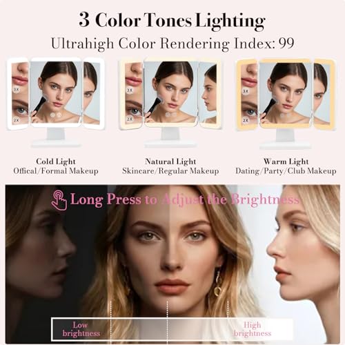 SIMETRA Vanity Mirror with Lighting & Touch Screen, 15.6-inch Rechargeable Trifold Standing Mirrors with 3 Color & Adjustable Brightness, Foldable 3000mAh Cordless Makeup Mirror or Trave,Bedroom,White