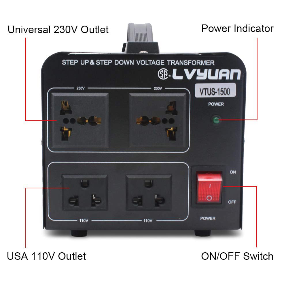 Cantonape Voltage Transformer Converter 1500 Watt Step Up/Down Convert from 110-120 Volt to 220-240 Volt and from 220-240 Volt to 110-120 Volt with 2 US Outlets, 2 Universal Outlets
