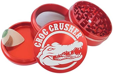Croc Crusher Grinders - 4 Piece Spice Herb Grinder with Pollen Catcher, Large 2.5-Inch (RED)
