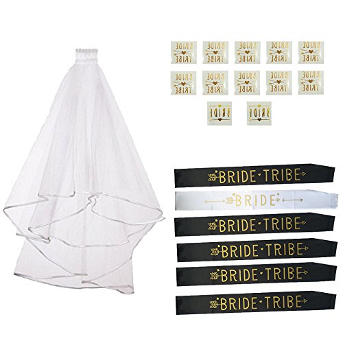 Losuya Hochzeit Bachelorette Party Set mit 6 Braut Tribe Schärpen 1 Hochzeit Brautschleier und 12 Golden Flash Tattoos Kit fü