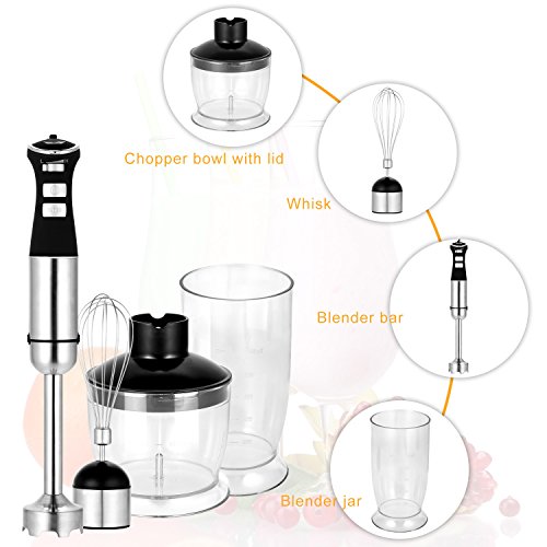 Hand Immersion Blender 5-Speed Control 330 Watt Stainless Steel 4-in-1 Multifunctional Mixer with Chopper, Whisk, Blender Jar, Beaker Attachment for Fruit Baby Food Sauce and Smoothies Black