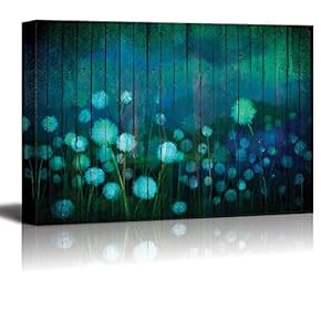 Watercolor Dandelions on a Field Over Teal Wooden Panels