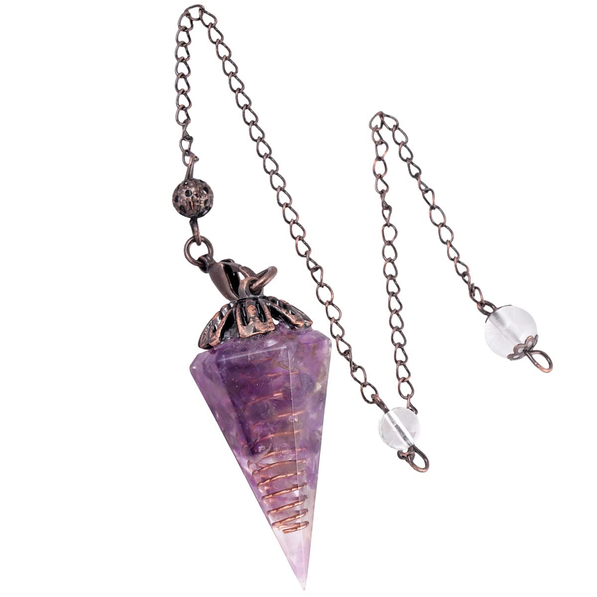 Nupuyai Amethyst Vintage Crystal Point Dowsing Pendulum for Divination Scrying, Healing Faceted Hexagonal Resin Chip Stone Pendulum with Chain
