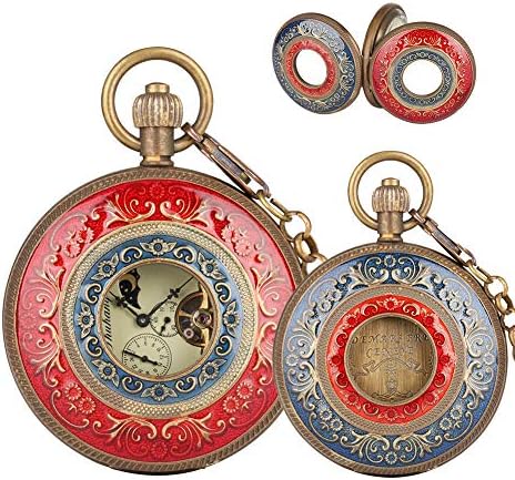 Reviance Retro Pure Copper Mechanical Pocket Watch for Men, Horizontal Phases Moon Sun 24-Hour Skeleton Pocket Watches for Women, Automatic-self-Winding Pocket Watch for Teenagers