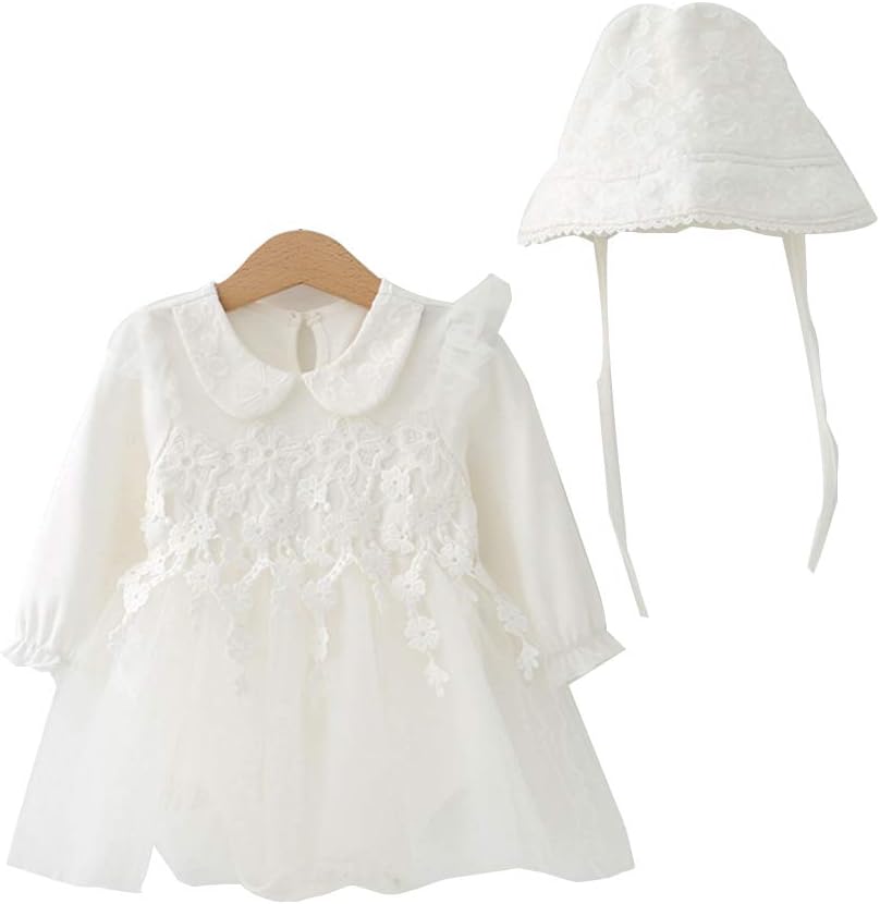 Newborn Infant Baby Girl Flower Lace Dress Romper Jumpsuits Baptism Dress with Hat Long Sleeve Jumpsuit Outfit Clothes White Size 70
