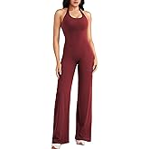 VOYJOY Women Workout Jumpsuit Halter Straight Leggings Jumpsuits Hidden Scrunch One Piece Yoga Gym Adjustable Strap Rompers