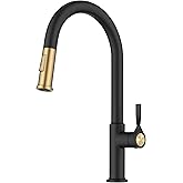 KRAUS Torak Pull Down Kitchen Faucet in Spot-Free Brushed Brass/Matte Black with 2 Function Sprayer, Pre-Attached Water Lines, and Mounting Hardware, KPF-2840SFBBMB