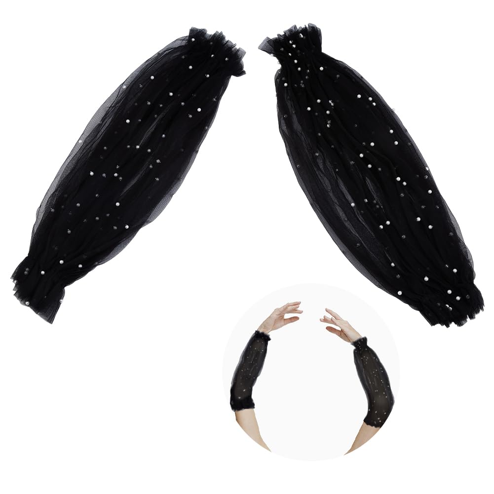 Hobbspring 2Pcs Lace Puff Sleeves Removable Tulle Sleeves Black Pearls Beaded Mesh Puff Arm Sleeves Long Tulle Sleeves for Women Wedding Dress Prom Opera Theme Evening Party