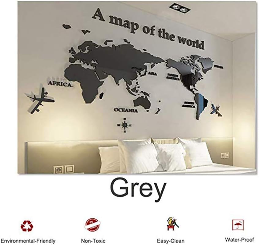 PFLife 3D World map Wall Sticker, Acrylic Wall Sticker stereoseopic Wall Mural for Home School Company 30in to 110in 4 Colors