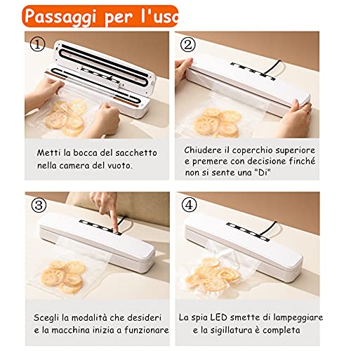 Macchina Sottovuoto per Alimenti, 2 in 1 Professionale Sottovuoto Macchina, Automatica Portatile la Macchina Sottovuoto, Macchina per Sottovuoto Foodsaver con 10 Sacchetti (Bianca)