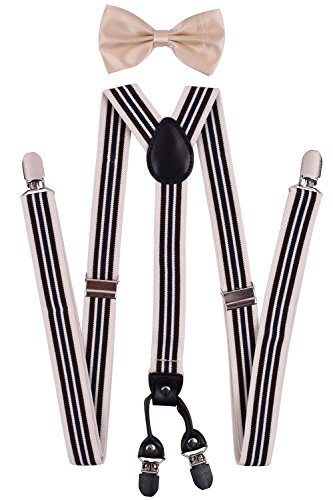 Pre Tied Bow Tie Clip On Trouser Suspenders Mens Adjustable Braces Khaki Stripe - Thumbnail 3