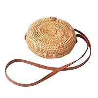 Leiyini Purely Handmade Rattan Straw Woven Small Shoulder Bag for Women Round Cross-body Bag Retro Vintage Fashionable Beach Bag Home Storage Bag