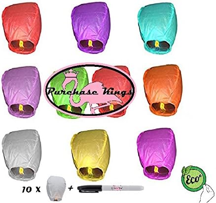 Purchase Kings NEW COLOR QUALITY 10 ECO Friendly Quick lighting, High Flying, Easy to use Chinese Sky Lanterns + Black Marker (Set of 10 Color Lanterns) GENDER REVEALS, 4TH OF JULY, MEMORIALS