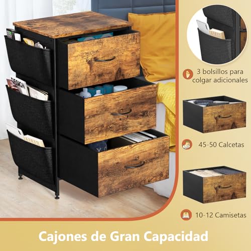 FURRIFIC Cómoda Gran Capacidad de 3 Cajones,70 * 40 * 29cm,Marrón | Cajonera para Recamara,Ropa,Hogar Y Oficina,Organizador Cajonera de Estructura Metal con Cajones de Tela