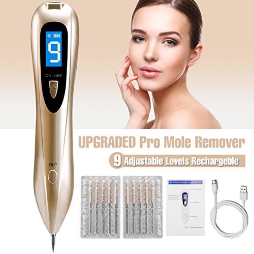 9-Speed Professional Mole Removal Pen Portable USB Rechargeable Mole Remover Tool Kit Adjustable Skin Tag Remover Pen for Freckle Dot Mole Warts Remover Device (Gold)