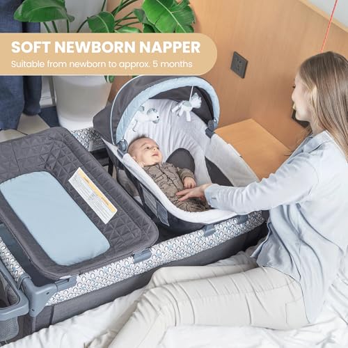 5 in 1 Multifunctional Pack and Play,Qutanix Foldable Baby Crib with Bassinets,Changing Table,Newborn Napper with Canopy,Diaper Stacker,Baby Playpen for Babies and Toddlers
