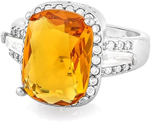 Glamouresq 14K White Gold Plated 6.50ct Created Cushion Cut Citrine &amp; Round Cut White Sapphire Women's Ring Size 7